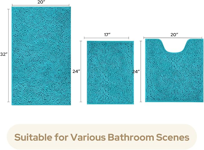 HOMEIDEAS 3 Pieces Bathroom Rugs, Extra Large Ultra Soft Non Slip Absorbent Chenille Toilet Bath Mat Set (Teal Blue)