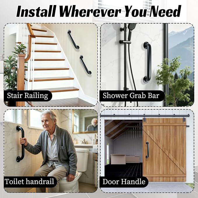 12 INCH Metal Stair Handrail 2pcs Wall Mount Handrail Indoor Safety Grab Bar for Stairs Handicap Grab Bars for Seniors Elderly,for Bathroom, Shower, Toilet-Matte Black