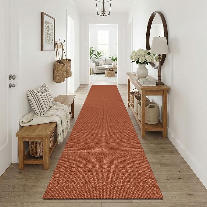 KOZYFLY Orange Runners Rugs for Hallway 3x10, Wide Washable Runner Rug, Woven Non Slip Kitchen Runner, Braided Entryway Rug, Floor Carpet for Entry, Aisle, Hall, Burnt Orange/Tan