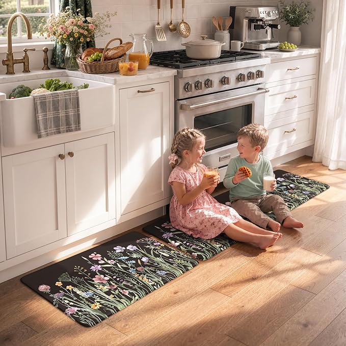 KIMODE Anti Fatigue Mats for Kitchen Floor 17"x47"+17"x29", Farmhouse Floral Kitchen Rugs Sets of 2, Cushioned Kitchen Floor Mats, Non Slip Standing Mat for Sink, Laundry, Office, Desk Black
