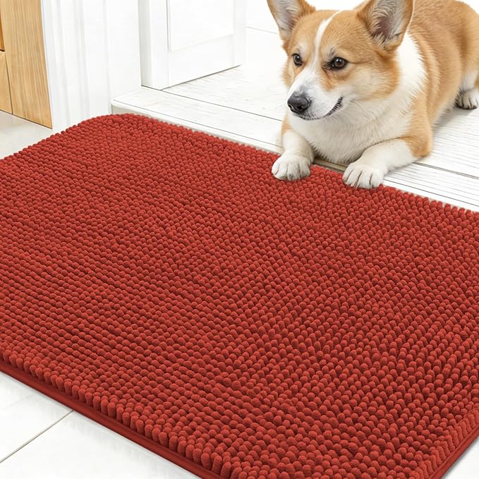OLANLY Dog Door Mat for Muddy Paws 30x17, Absorbs Moisture and Dirt, Absorbent Non-Slip Washable Doormat, Quick Dry Chenille Mud Mat for Dogs, Entry Indoor Entryway Carpet for Inside Floor, Maple Red