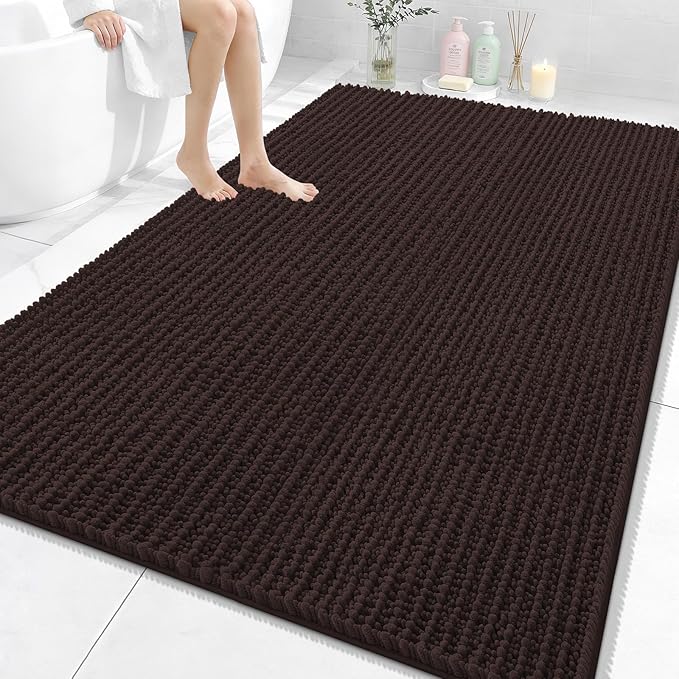 OLANLY Bathroom Rug Mat 70x46, Thick Soft and Absorbent Chenille Bath Mat, Non-Slip Rubber Backing, Machine Washable Quick Dry Bath Rugs for Tub Shower Floor, Home Decor Accessories, Brown