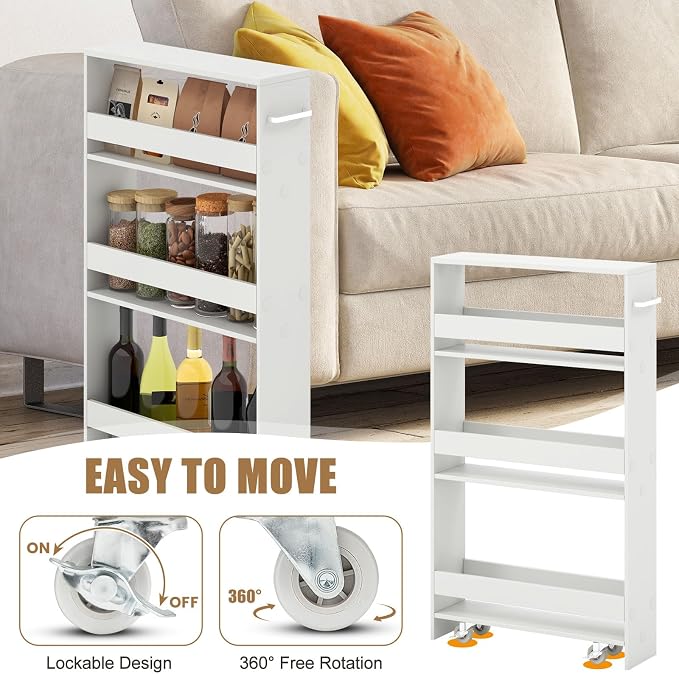 Giantex 4 Tier Rolling Slim Storage Cart, 5" Narrow Slide Out Kitchen Cart w/Handle & Open Shelves, Space-Saving Compact Mobile Utility Trolley for Small Space Laundry Room (White)