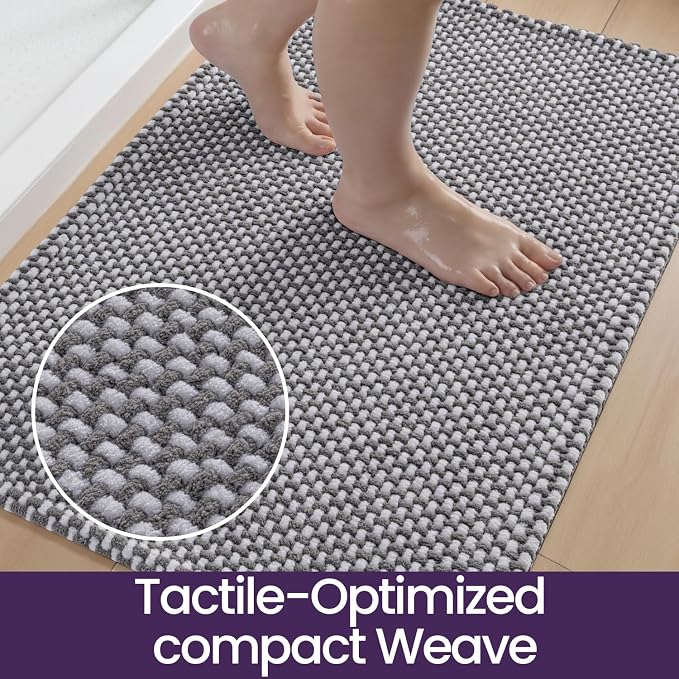 DEXI Bathroom Rugs 32x20, Non Slip Washable Bath Mat, Absorbent Chenille Bathmat, Ultra Soft Thick Carpet for Tub Shower Floor, Grey and White