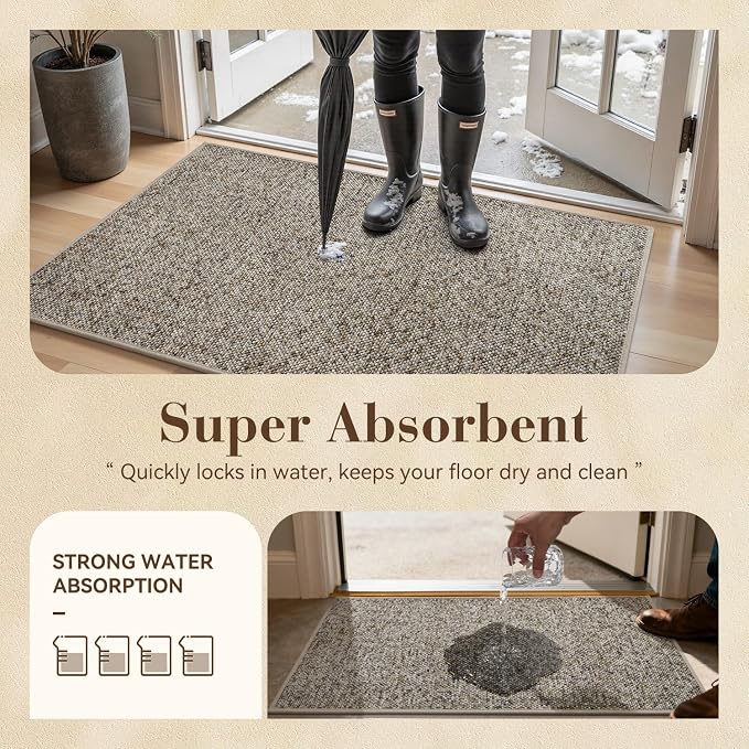 MontVoo Door Mat Indoor Entrance Doormat, Absorbent Durable Rubber Non Slip Front Door Mat for Inside Entry Entryway Dirt Trapper Welcome Mat, Grey Brown 17''x30''