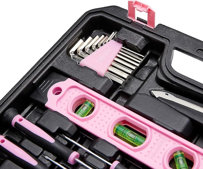 Amazon Basics 142-Piece Household Tool Kit for Home Repair, Hand Tools with Storage Case, 13.39 x 9.25 x 2.95 inch, Pink