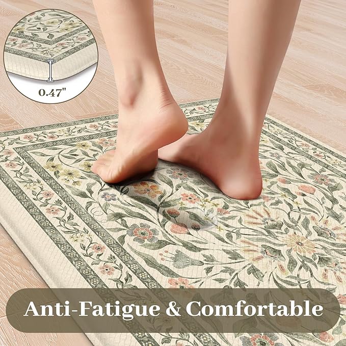 KIMODE Anti Fatigue Mats for Kitchen Floor 20"x47"+20"x32", Boho Farmhouse Kitchen Rugs Sets of 2, Cushioned Kitchen Floor Mats Non Slip, Comfort Standing Mats for Sink Laundry Desk Beige