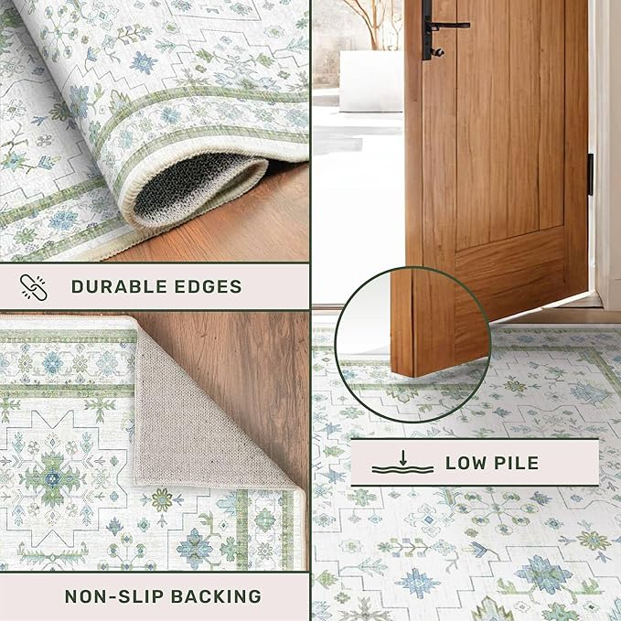 Hazo Haus Oushak 3x12 Wide Hallway Runner Rug - Vintage Turkish Floral, Washable Low Pile Non Slip 12ft Long Runners for Large Kitchen, Hall Way - Light Blue and Green