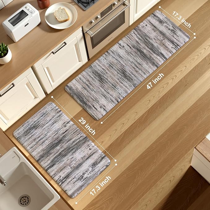 KIMODE Anti Fatigue Kitchen Mats for Floor 17"x47"+17"x29", Abstract Farmhouse Kitchen Rugs, Non Slip Waterproof Kitchen Floor Mats, Comfort Standing Mats for Laundry Office Sink Desk Black Grey