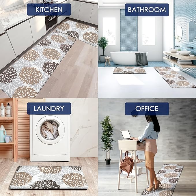 Cushioned Anti-Fatigue Kitchen Mats for Floor – Non-Slip Waterproof Memory Foam Runner, Extra Wide & Long, Comfortable Standing Mat for Kitchen, Sink, Office, Laundry, Brown Gray