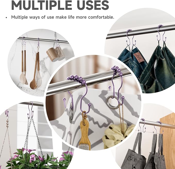 Bathway Shower Curtain Hooks, Shower Curtain Rings Rust Proof Double Hook Shower Curtain Hooks, 12 Pcs Purple Shower Hooks for Shower Curtain, Shower Rings for Curtain, Metal Shower Rod Hooks