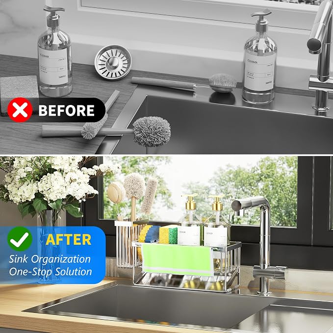 Cisily Kitchen Sink Caddy Organzier with High Brush Holder, Sponge Holder for Sink, 304 Rustproof Stainless, Kitchen Countertop Soap Dispenser Organizer (Silver With Towel Rack, 9.25″)
