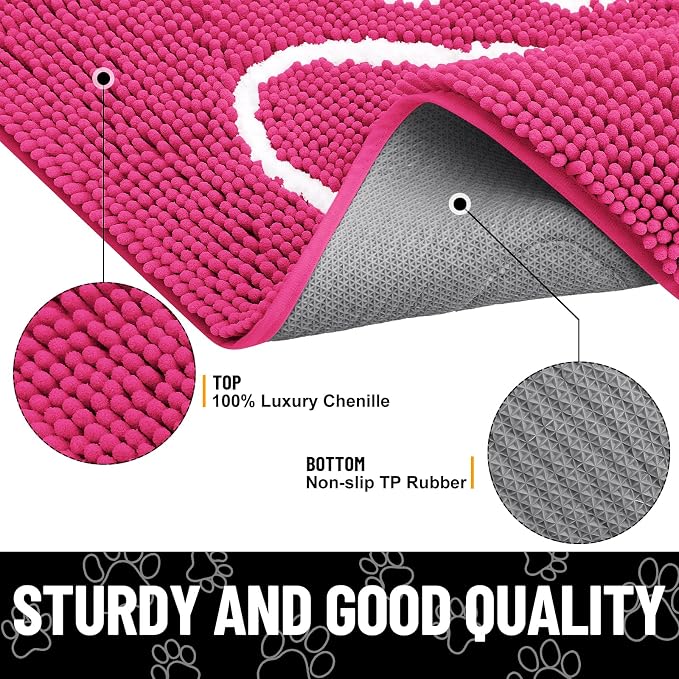 Smiry Dog Door Mat for Muddy Paws, Absorbent Dirt Trapper Non Slip Quick Dry Washable Chenille Mat for Mud Dogs, Entry Rug for Indoor and Outdoor (30x20 Inches, Hot Pink and White)