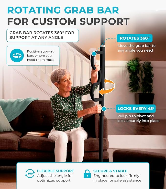 Stander Wonder Pole Plus with Rotating Double Grab Bar, Tension Mounted Security Pole for Seniors & Elderly Adults, No-Drill Floor to Ceiling Transfer Pole for Home & Bath Safety, Black
