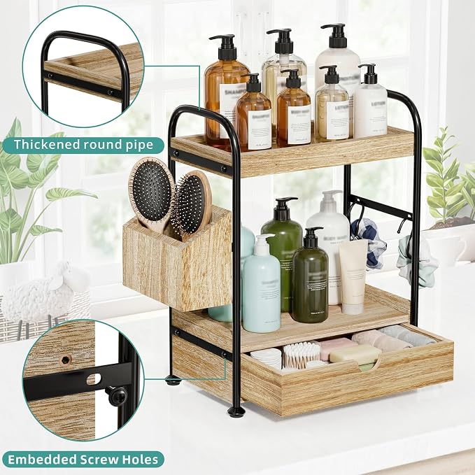 Kottwca 2-Tier Bathroom Counter Organizer with Drawer, Wooden Vanity Skincare Storage Shelf with Thickened Metal Frame, Countertop Shelf with Basket & Hooks for Makeup Organization,Light Brown