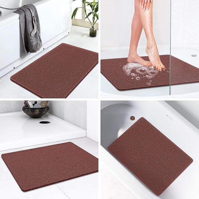 LuxStep Shower Mat Bathtub Mat,24x16 inch, Non-Slip Bath Mat with Drain, Quick Drying PVC Loofah Bathmat for Tub,Shower,Bathroom,Reddish Brown