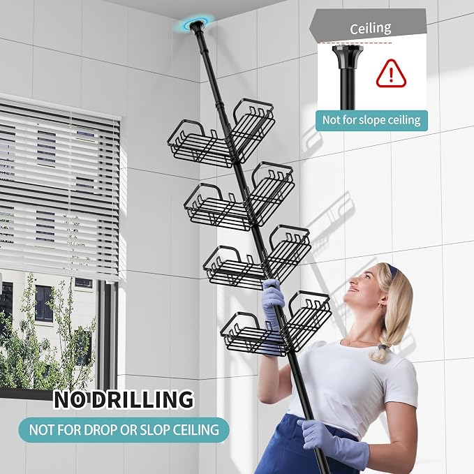 KEGII Shower Caddy Tension Pole, with 2-in-1 Soap Holders x 2 & 32 Hooks, Stainless Steel Adjustable Corner Shower Organizer for Bathroom, 25–114.2 Inches, Black