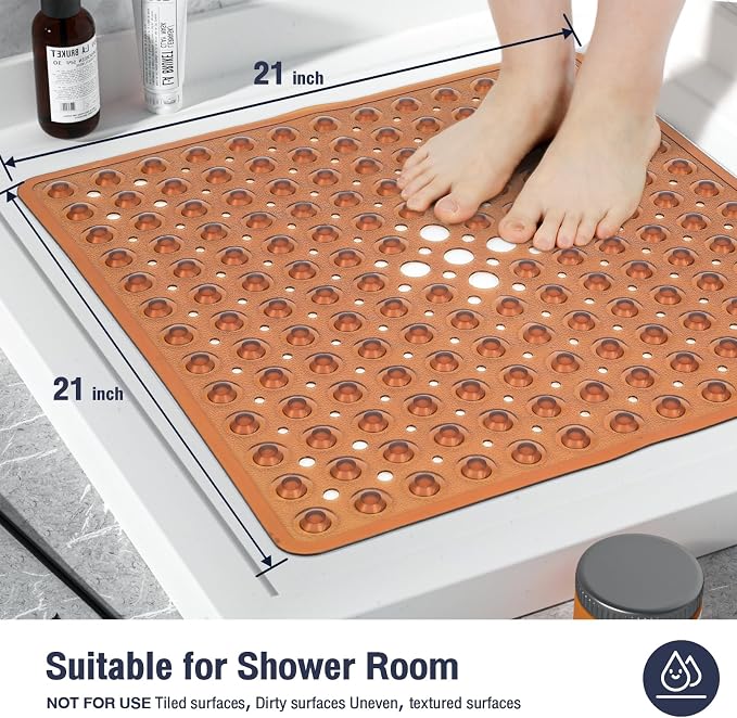 Square Shower Bathtub Mat Non Slip for Inside Shower Clear Brown 21x21 Inch, Shower Stall Mats for Bathroom Floor, Soft Bath Mat for Tub with Big Suction Cups Drain Holes, Easy Washable Dry