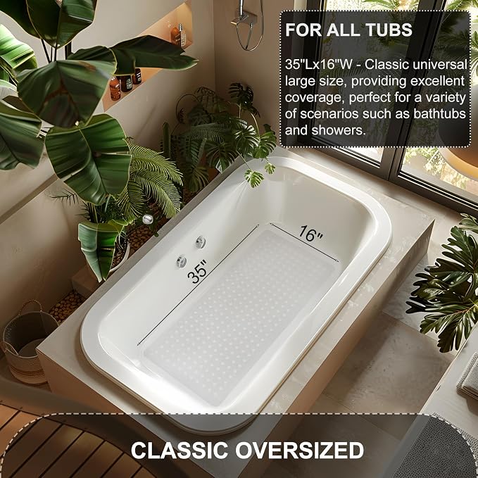 TEESHLY Bath Mat for Tub & Shower, Non Slip Soft Bathmat with Suction Cups & Drain Holes, Machine Washable Bathtub Floor Liner Mats for Bathroom, 35x16 Inch, White