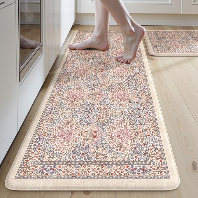 Collive Kitchen Mats for Floor 2PCS, Cushioned Anti Fatigue Mat Waterproof Kitchens Sink Rug Non Slip, Pink/Blue Floral Rugs Comfort Standing Mat for Laundry, Desk, Bar, Office