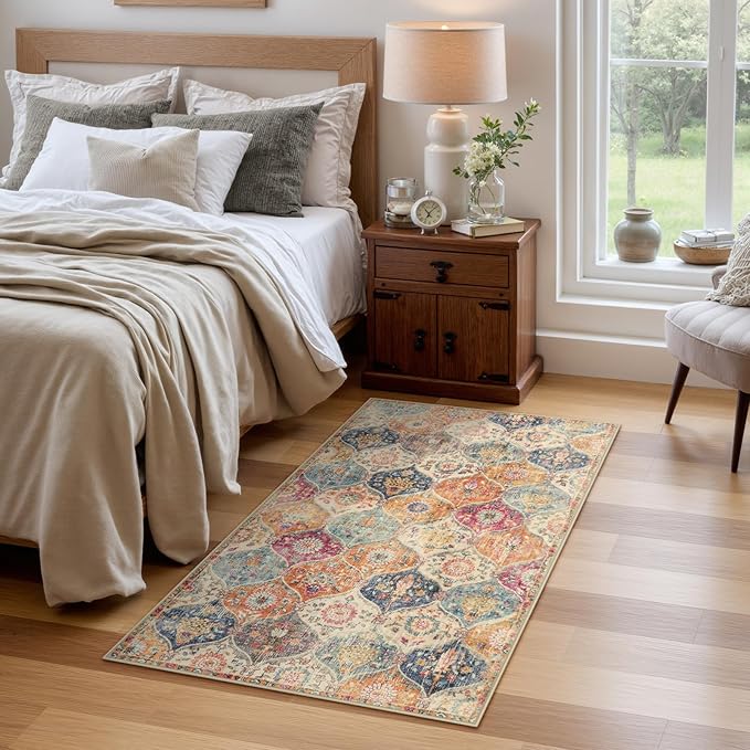 Lahome Kitchen Rugs Non Slip Washable Rugs for Entryway, 2x4 Rug Non-Slip Moroccan Trellis Ultra-Thin Indoor Door Mat Small Carpet for Bathroom Bedroom Entry Elise, Cream/Multi