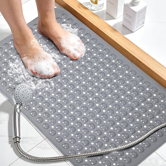 Large Shower Mat 21.5x33.5 Inch Grey, Soft Non Slip Shower Mats for Inside Shower with Big Suction Cups Drain Holes, Extra Large Bath Bathtub Mat Floor Stall Mats, BPA-Free, Easy Clean