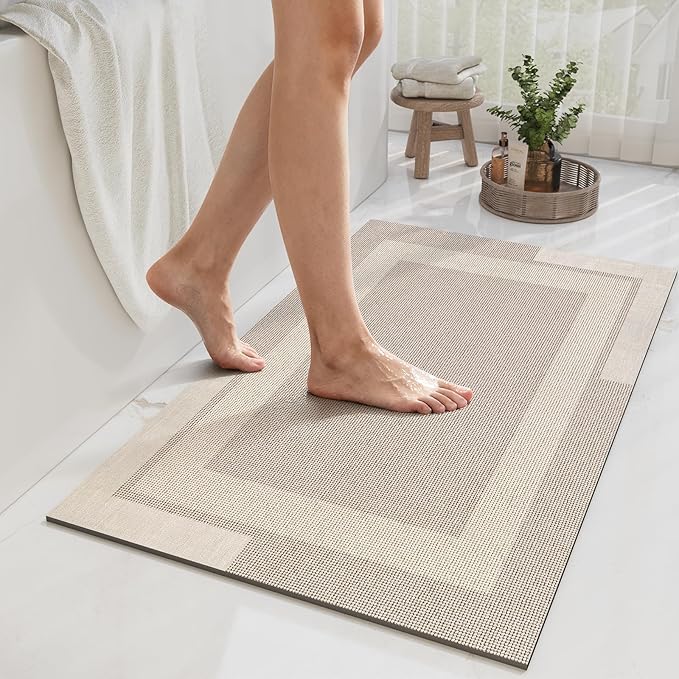 YDKGL Non Slip Bath Mat, Rubber Backing Ultra Thin Bathroom Rugs Fit Under Door Quick Dry Super Absorbent Washable Bath Rug Shower Mat for Bathroom Floor Bathtub Shower Sink, Easy Care Beige 24"x 35"
