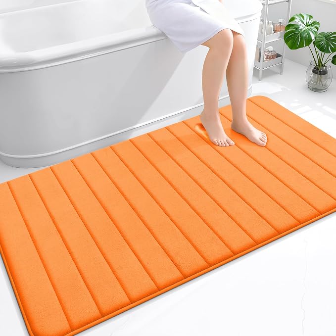 OLANLY Memory Foam Bath Mat 59x35, Super Soft Absorbent Bathroom Rugs, Quick Dry, Machine Washable Shower Floor Rugs, Bathmat Carpet, Bathroom Home Decor Accessories, Orange