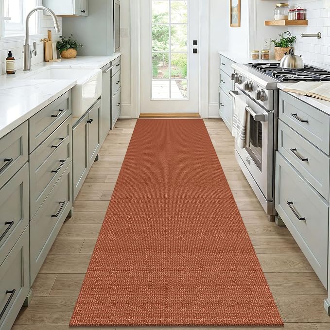 KOZYFLY Orange 3x7 Washable Kitchen Runner Rug, Non Slip Wide Runners for Hallway, Cotton Entryway Runner, Braided Floor Carpet for Entry, Kitchen, Bedside, Hall, Burnt Orange/Tan