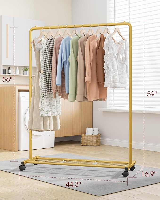 Sakugi Clothes Rack - Clothing Rack with Storage Mesh Shelf & Casters, Heavy-Duty Metal Clothing Rack for Hanging Clothes, Dresses, Coats, Large Load Capacity, Easy Assembly, Gold, 44.3"x16.9"x59.0"