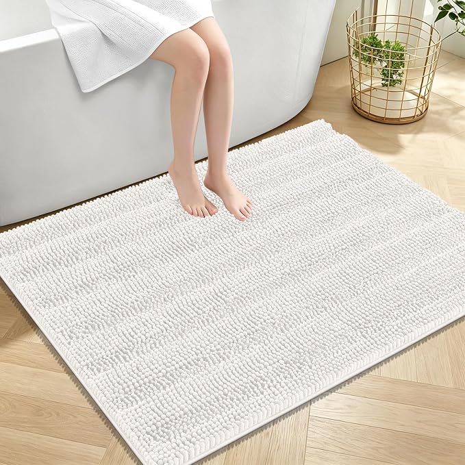 OLANLY Thick Large Bathroom Rugs 40x32, Extra Soft Absorbent Chenille Striped Bath Rugs, Rubber Backing, Machine Wash Dry, Bath Mats for Bathroom Floor, Tub and Shower, Home Decor Accessories, Ivory