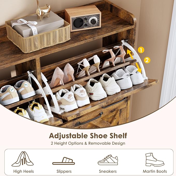 Nicetree Shoe Cabinet Storage for Entryway, Freestanding Shoe Storage Cabinet, Farmhouse Narrow Shoe Rack Cabinet for Entryway, Foyer, Hallway, Shoe Cabinet 4 Flip Drawers, Rustic Brown
