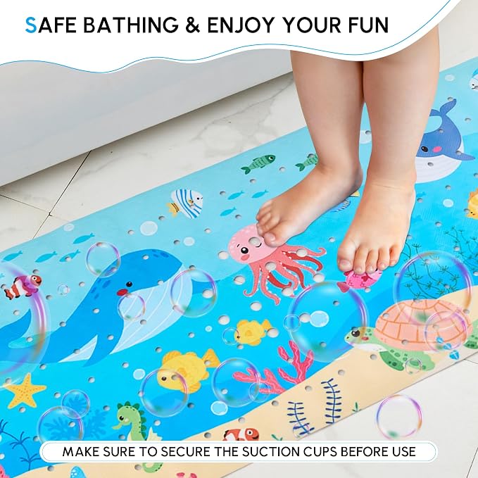 Vannokor Baby Bath Mat for Tub Non Slip Kids, 40 X 16 Inch Extra Long Bathtub Mat with Drain Holes and Suction Cups, Anti Slip Shower Mat Machine Washable, Whale