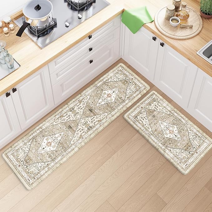 Collive Farmhouse Anti Fatigue Kitchen Mat, Cushioned Kitchen Rug Sets of 2 Waterproof Non Slip Kitchen Floor Mats Ergonomic Comfort Standing Mat for Laundry, Office, Sink, Desk, Taupe