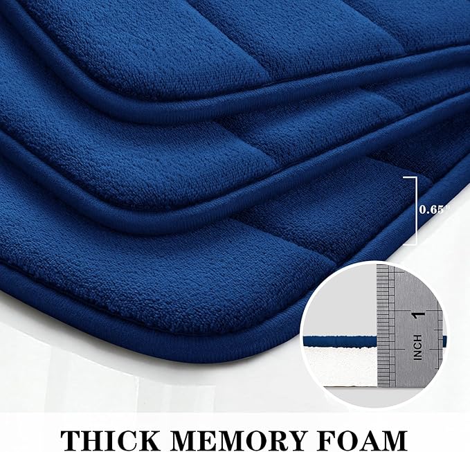 BYSURE Navy Blue Memory Foam Bath Mats, Non Slip Extra Soft Absorbent Machine WashableToilet Bathroom Rug Set 3 Piece (20"x32"+24"x44"+U Shape 20"x24")