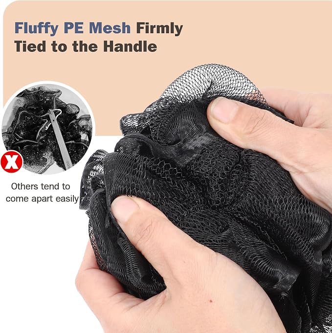 Non-Slip Back Scrubber with 17" Plastic Handle - Hand Shower Loofah & Loofah on a Stick Set, Black