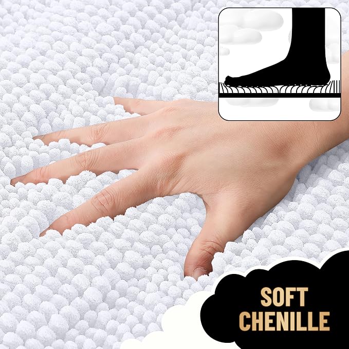 OLANLY Thick Bathroom Runner Rugs 47x20, Extra Absorbent Chenille Striped Bath Rugs, Rubber Backing, Machine Wash Dry, Long Bath Mats for Bathroom Floor, Tub and Shower, Home Decor Accessories, White