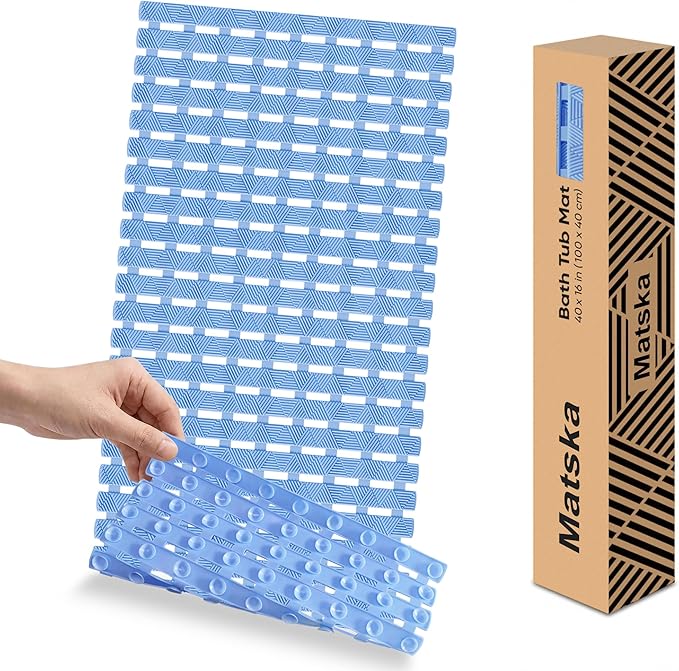 Non Slip Bathtub Mat - Shower Mats for Inside Shower, Rectangular PVC Tub Mat with 200+ Suction Cups for Safety, 40x16 Inch, Pastel Blue