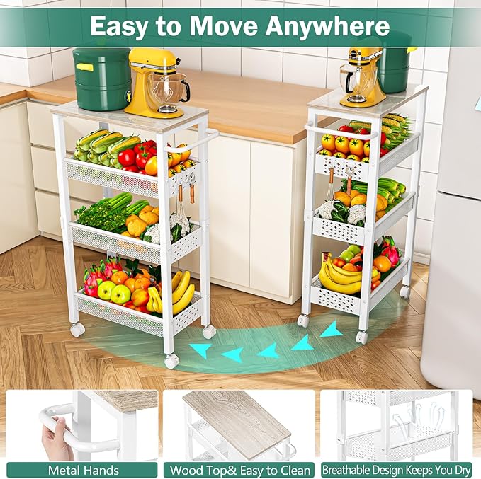 Vivihomety Utility Slim Storage Cart with Wheels, 4 Tier Small Rolling Cart with Wood Top, Metal Kitchen Bathroom Laundry Room Organization Trolley with Handle for Narrow Space - White