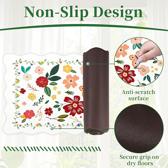 Kitchen Rugs Set of 3, White Vintage Floral Scalloped Anti Fatigue Mats, Cushioned Non Slip PVC Floor Rugs, Comfort Standing Kitchen Floor Mats for Sink Laundry Office Home, 18x30, 18x48, 18x60 Inch