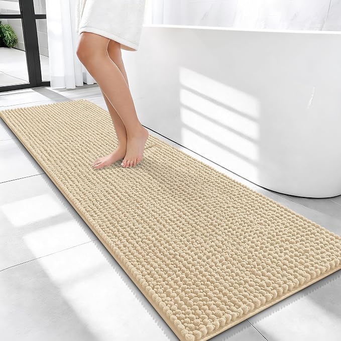OLANLY Thick Bathroom Runner Rugs 59x20, Extra Soft Absorbent Chenille Bath Rugs, Rubber Backing, Machine Wash Dry, Long Bath Mats for Bathroom Floor, Tub and Shower, Home Decor Accessories, Beige