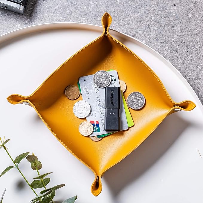 Leather Jewelry Valet Tray for Women and Man, Portable Entryway Table Tray Bedside Nightstand Desk Tray Small Catchall Travel Dish Plate for Key,Wallet,Watch,Coin (8x8, Yellow-B)