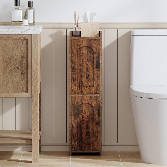 Hzuaneri Bathroom Storage Cabinet, Small Corner Floor Cabinet with 2 Doors and Adjustable Shelf, Narrow Toilet Paper Cabinets, Bathroom Organizer for Small Spaces, 7.9"D x 7.9"W x 29.5"H Rustic Brown