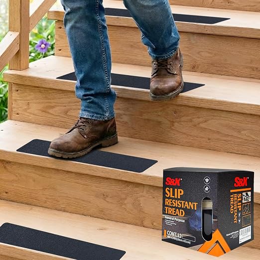 S&X Outdoor Stair Treads for Wooden Steps - 12-Pack, Black, 4” x 24” Pre-Cut Anti Slip Tape Non-Slip Strips for Stairs, Steps, Decks, and Boats - High Grip, Waterproof, Non-Skid Safety Guard