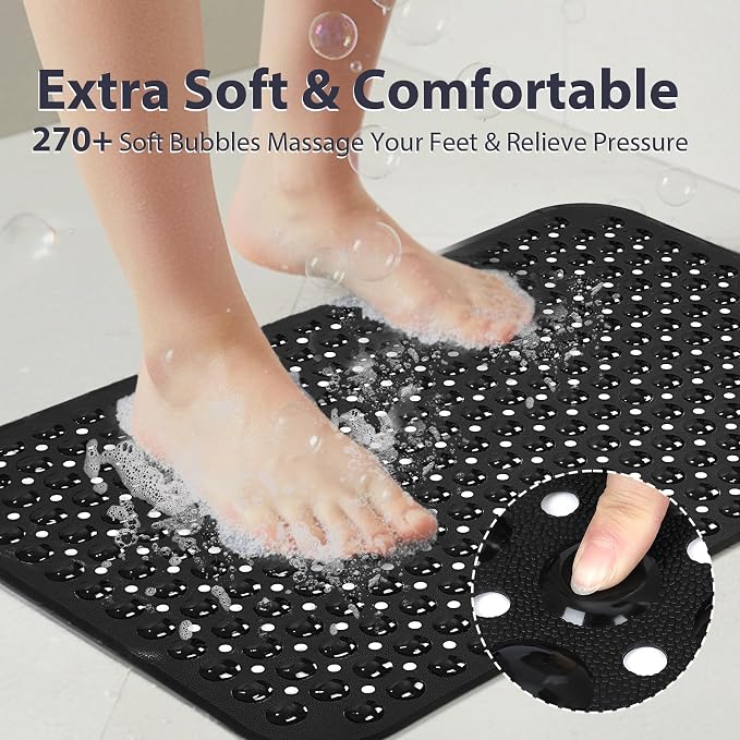 Large Shower Mat 21.5x33.5 Inch Black, Soft Non Slip Shower Mats for Inside Shower with Big Suction Cups Drain Holes, Extra Large Bath Bathtub Mat Floor Stall Mats, BPA-Free, Easy Clean