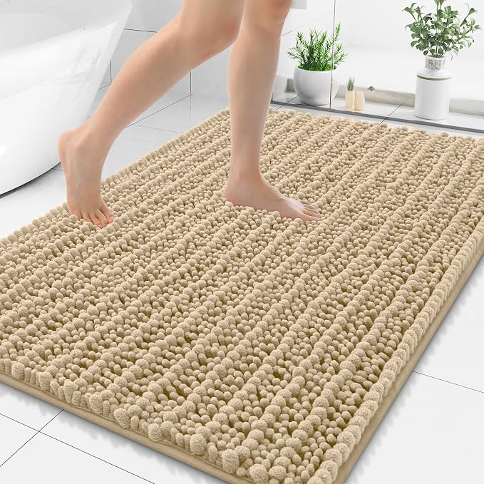 Smiry Bathroom Rugs Mat 48x32, Extra Soft Absorbent Chenille Bath Rugs, Non Slip Rubber Backing Machine Washable Quick Dry Bath Mats for Bathroom Floor, Tub, Shower, Home Decor Accessories, Beige