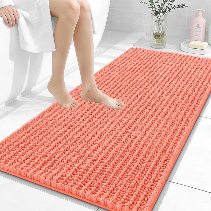 OLANLY Long Bathroom Rugs Runner 47x24, Thick Soft and Absorbent Chenille Bath Mat, Non-Slip, Machine Washable Quick Dry Bath Rugs for Tub Shower Floor, Home Decor Accessories, Coral