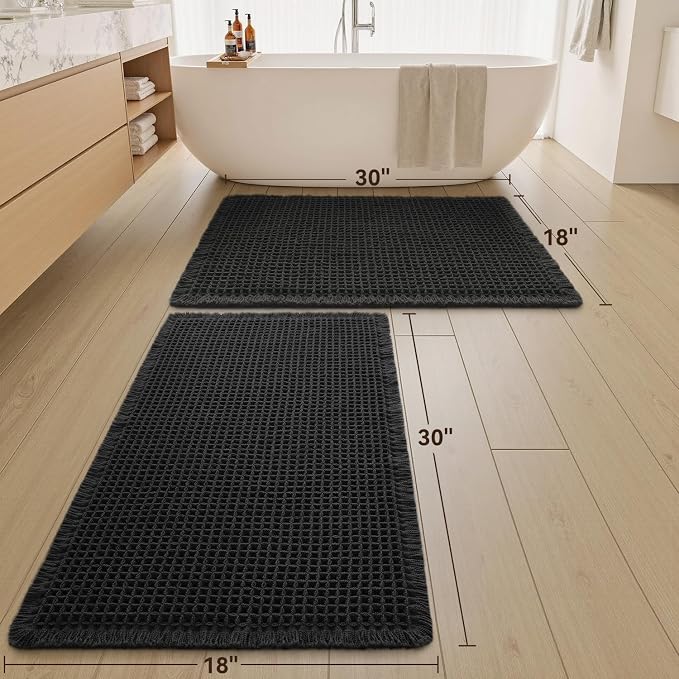 Upgraded Waffle Bath Mats Set of 2, Super Absorbent Non Slip Bath Mats for Bathroom Floor, Washable Boho Bathroom Rugs Set 2 Piece with Tassels, Soft Bathroom Mat Set, 18" x 30" (2 Pack), Black