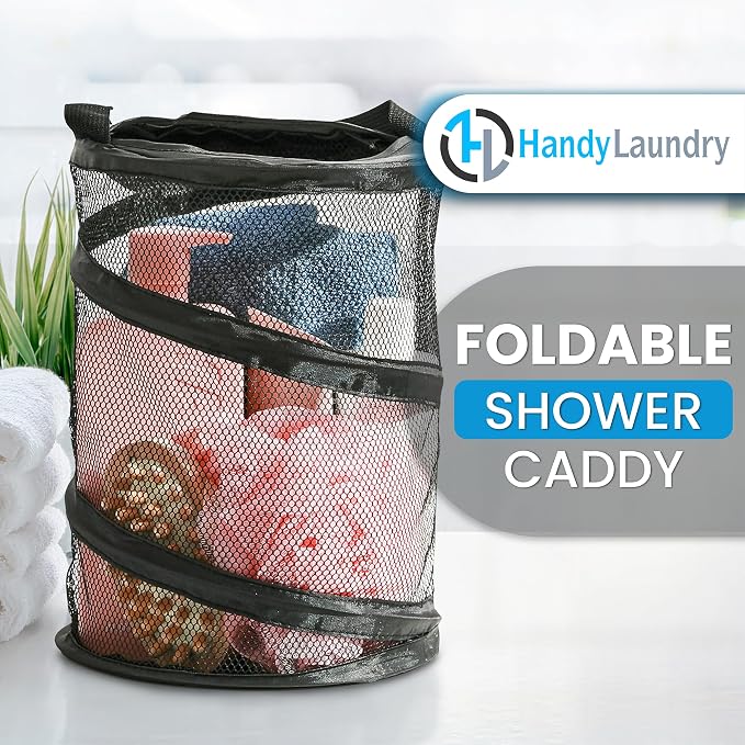 Handy Laundry Foldable Shower Caddy - Collapsible, Portable, Drainage Hole, Carry Handle, Large Compartments, Great Organizer for Camp, Travel, Gym, and Dorm (Black) (Pack of 2)