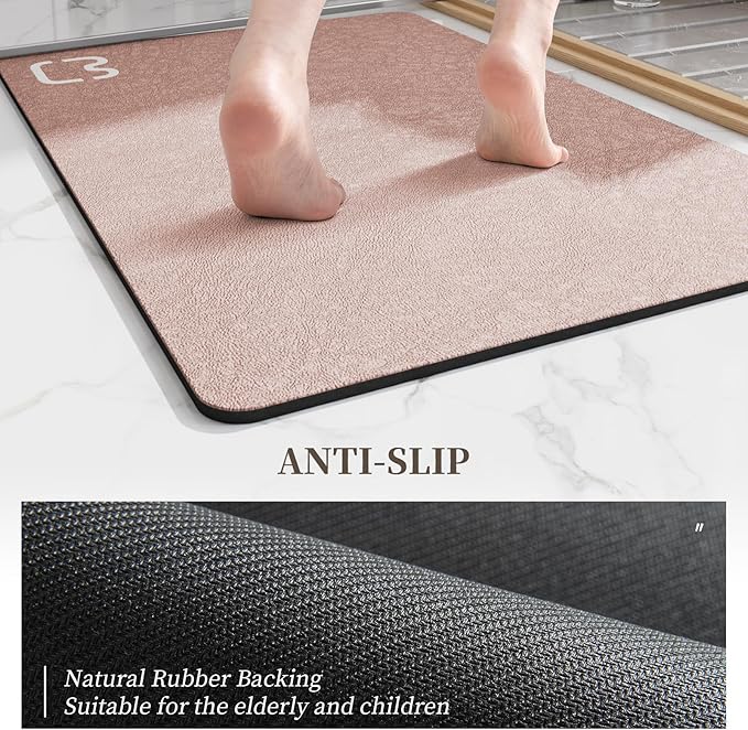 Diatomaceous Earth Bath Mat Rugs Quick Dry Super Absorbent Non Slip Rubber BottomThin Bathroom Mat Fit Under Door, Floor Rugs in Front of Bathtub,Shower Room,Sink,Washable, 17" x 32", Blush Pink
